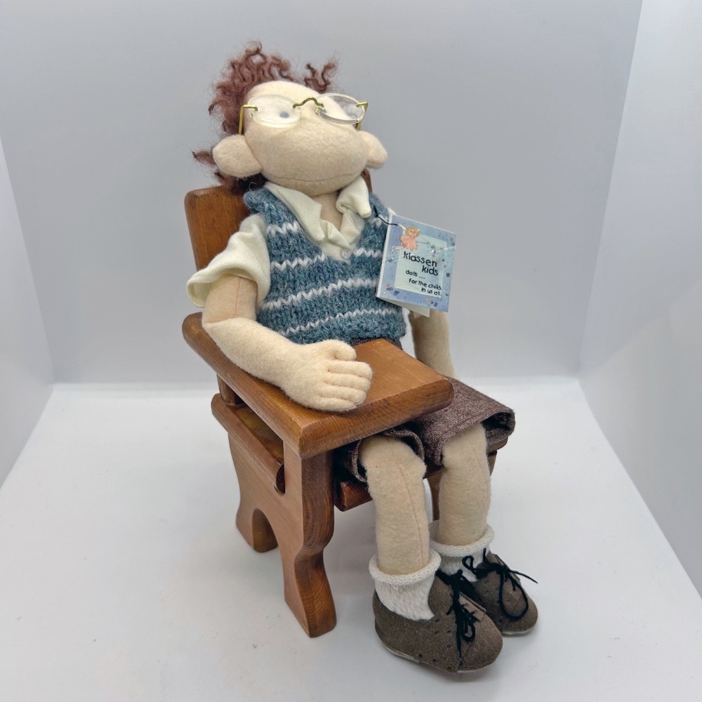 Unique Handmade Plush Boy Doll on Handmade Wood School Desk